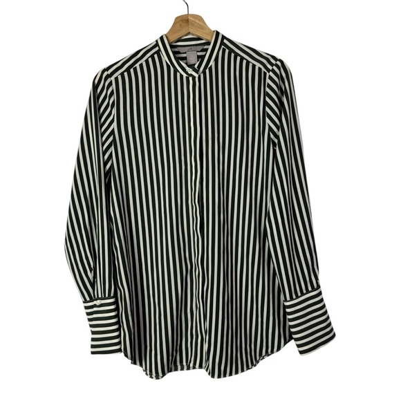 H&M Green & White Vertical Stripe Long Sleeve Button Down 4 - Picture 1 of 4
